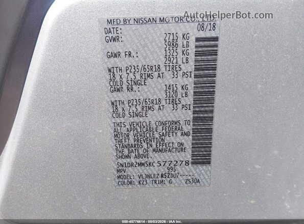 5N1DR2MM5KC577278 2019 NISSAN PATHFINDER Серебряный Вид подкапотного пространства