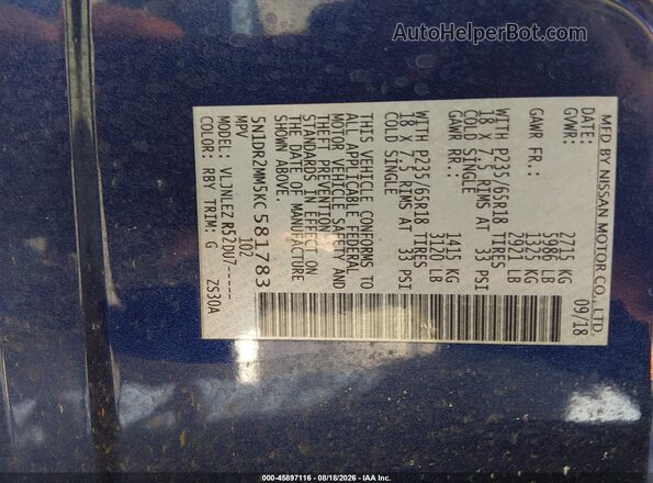 5N1DR2MM5KC581783 2019 NISSAN PATHFINDER Blue Widok komory silnika