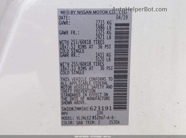 5N1DR2MM5KC623191 2019 NISSAN PATHFINDER White Engine compartment view