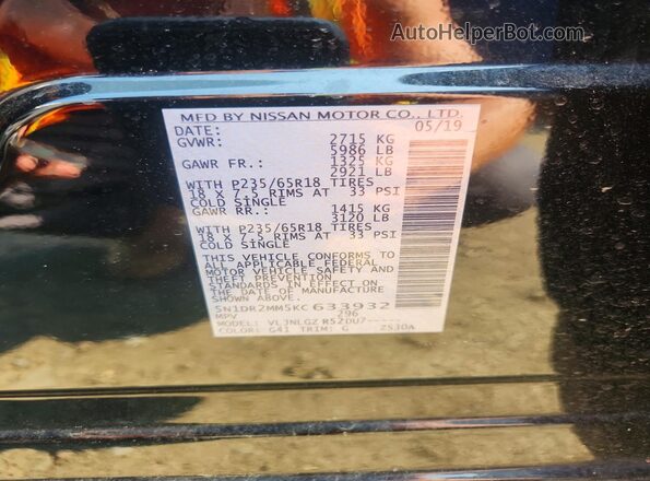 5N1DR2MM5KC633932 2019 NISSAN PATHFINDER Black ძრავის განყოფილების ხედი