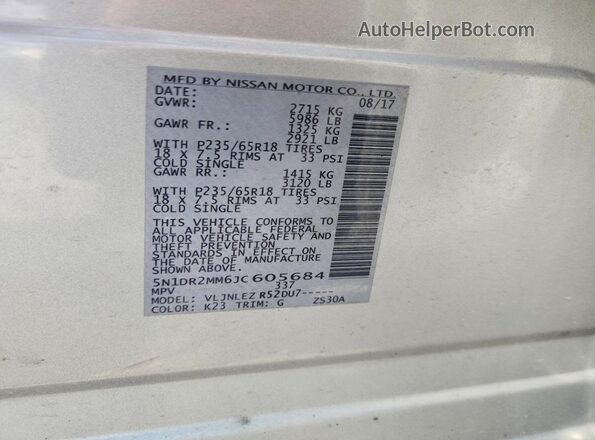 5N1DR2MM6JC605684 2018 NISSAN PATHFINDER Silver VIN կոդի պիտակի տեսք