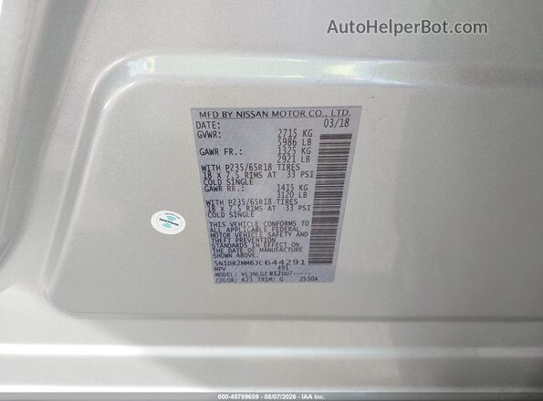 5N1DR2MM6JC644291 2018 NISSAN PATHFINDER Silver Շարժիչի բաժամունքի տեսք