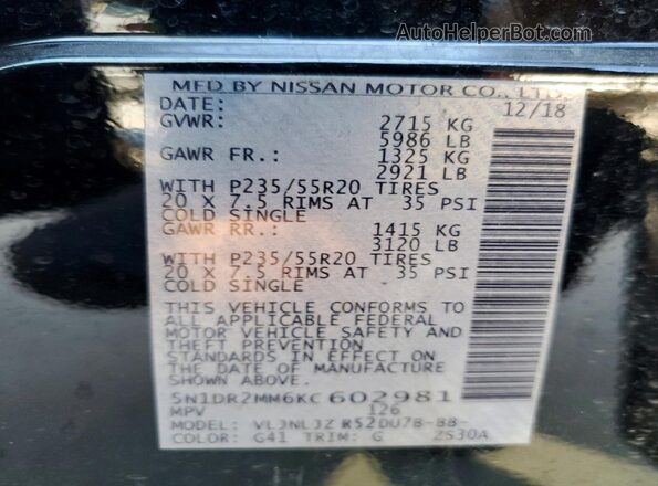 5N1DR2MM6KC602981 2019 NISSAN PATHFINDER Black Vista interior de 360 grados