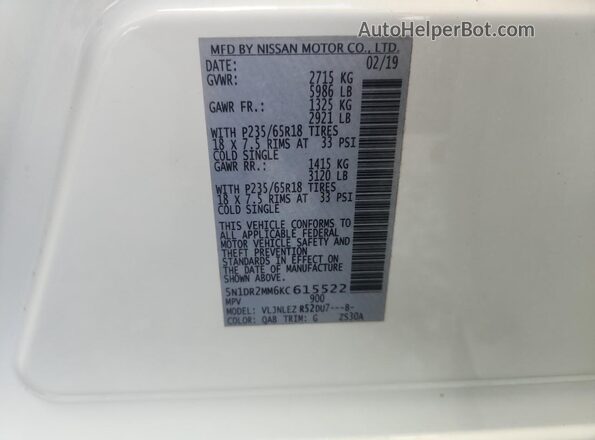 5N1DR2MM6KC615522 2019 NISSAN PATHFINDER White 