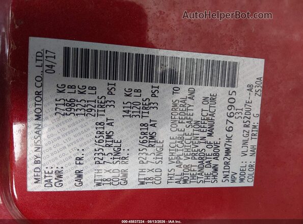 5N1DR2MM7HC676905 2017 NISSAN PATHFINDER Red Engine compartment view