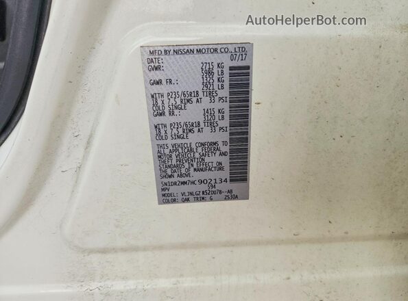 5N1DR2MM7HC902134 2017 NISSAN PATHFINDER White Widok naklejki z numerem VIN