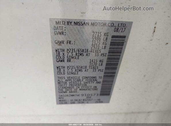 5N1DR2MM7HC910573 2017 NISSAN PATHFINDER White ძრავის განყოფილების ხედი
