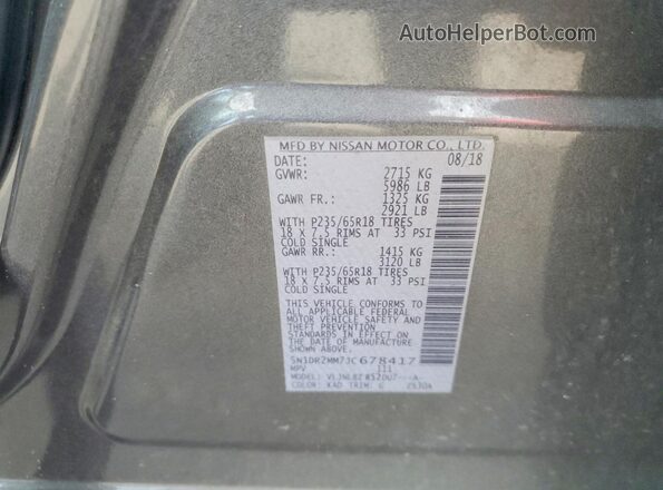 5N1DR2MM7JC678417 2018 NISSAN PATHFINDER Gray VIN კოდის სტიკერის ხედი