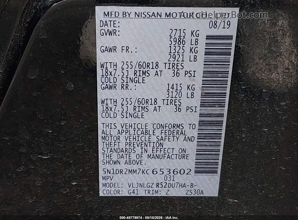 5N1DR2MM7KC653602 2019 NISSAN PATHFINDER Black ძრავის განყოფილების ხედი