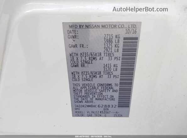 5N1DR2MM8HC628832 2017 NISSAN PATHFINDER White Engine compartment view