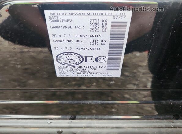 5N1DR2MM8HC905169 2017 NISSAN PATHFINDER Black Widok naklejki z numerem VIN
