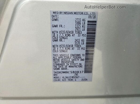 5N1DR2MM8KC580837 2019 NISSAN PATHFINDER Gray Vista de la etiqueta del VIN