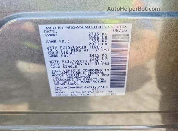 5N1DR2MM9HC606791 2017 NISSAN PATHFINDER Gray Widok naklejki z numerem VIN