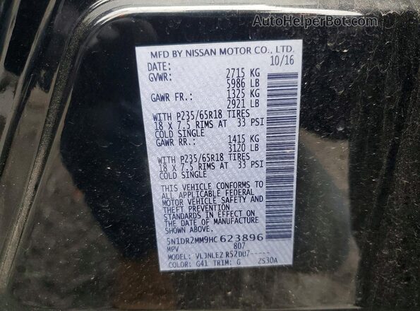 5N1DR2MM9HC623896 2017 NISSAN PATHFINDER Black Widok naklejki z numerem VIN