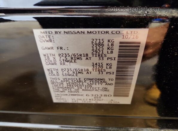 5N1DR2MM9HC630380 2017 NISSAN PATHFINDER Black Vista de la etiqueta del VIN