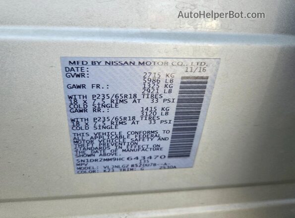 5N1DR2MM9HC643470 2017 NISSAN PATHFINDER Silver ძრავის განყოფილების ხედი