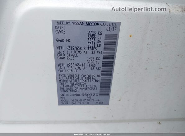5N1DR2MM9HC660320 2017 NISSAN PATHFINDER White Вид підкапотного простору