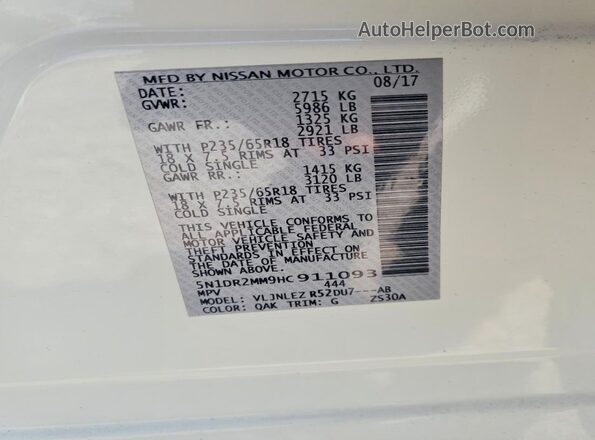 5N1DR2MM9HC911093 2017 NISSAN PATHFINDER White Vista de la etiqueta del VIN