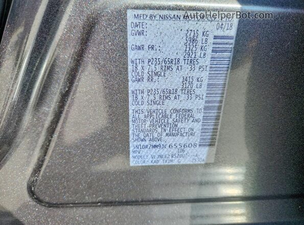 5N1DR2MM9JC655608 2018 NISSAN PATHFINDER Gray Widok naklejki z numerem VIN