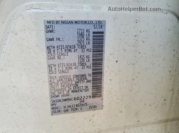 5N1DR2MM9KC602229 2019 NISSAN PATHFINDER Silver Vista de la etiqueta del VIN