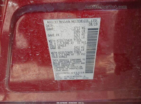 5N1DR2MM9KC651558 2019 NISSAN PATHFINDER Red Շարժիչի բաժամունքի տեսք