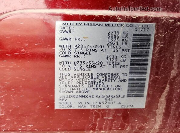 5N1DR2MMXHC659693 2017 NISSAN PATHFINDER Red სალონის 360-გრადუსიანი ხედი