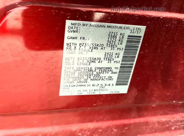 5N1DR2MMXJC625341 2018 NISSAN PATHFINDER Burgundy Widok naklejki z numerem VIN