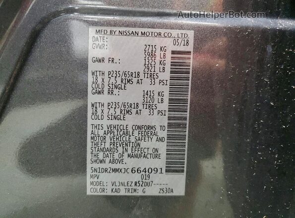 5N1DR2MMXJC664091 2018 NISSAN PATHFINDER Gray VIN կոդի պիտակի տեսք