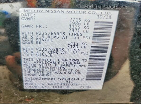 5N1DR2MMXKC584842 2019 NISSAN PATHFINDER Black VIN կոդի պիտակի տեսք
