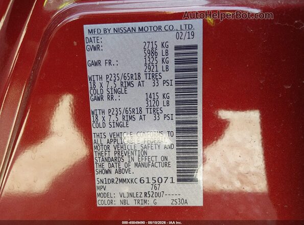 5N1DR2MMXKC615071 2019 NISSAN PATHFINDER Red Vista del compartimento del motor