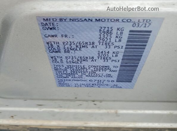 5N1DR2MN0HC670758 2017 NISSAN PATHFINDER Silver Widok naklejki z numerem VIN