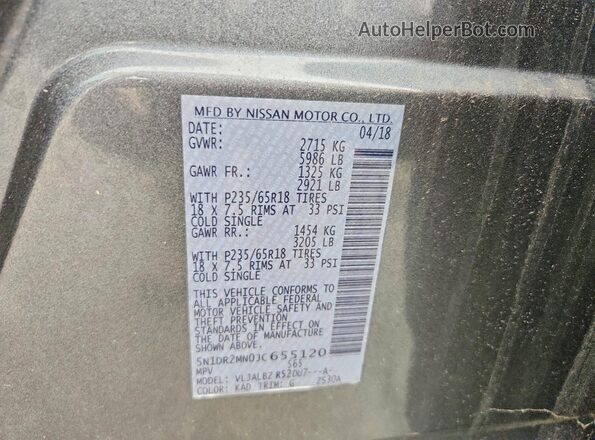 5N1DR2MN0JC655120 2018 NISSAN PATHFINDER Gray Вид наклейки з VIN-кодом