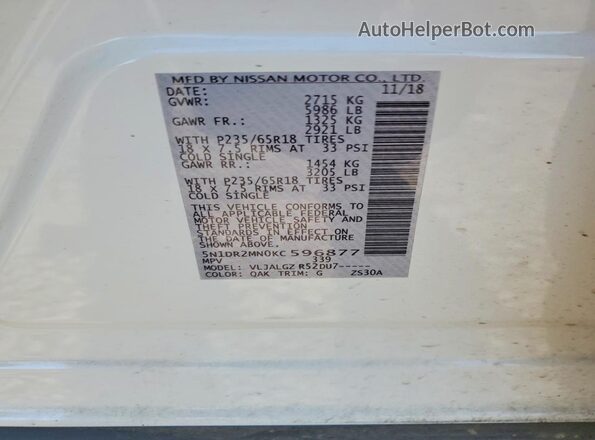5N1DR2MN0KC596877 2019 NISSAN PATHFINDER White Вид наклейки з VIN-кодом