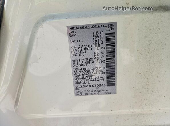 5N1DR2MN1HC629345 2017 NISSAN PATHFINDER White VIN კოდის სტიკერის ხედი