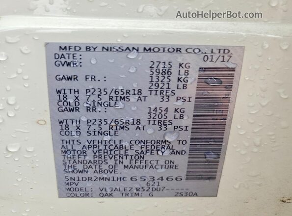 5N1DR2MN1HC653466 2017 NISSAN PATHFINDER Белый Вид наклейки с VIN-кодом