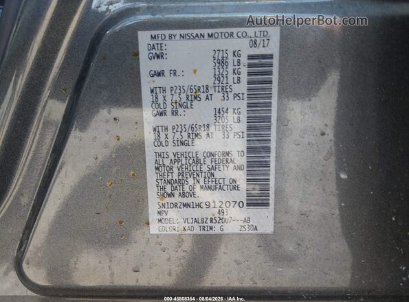 5N1DR2MN1HC912070 2017 NISSAN PATHFINDER Gray Vista del compartimento del motor