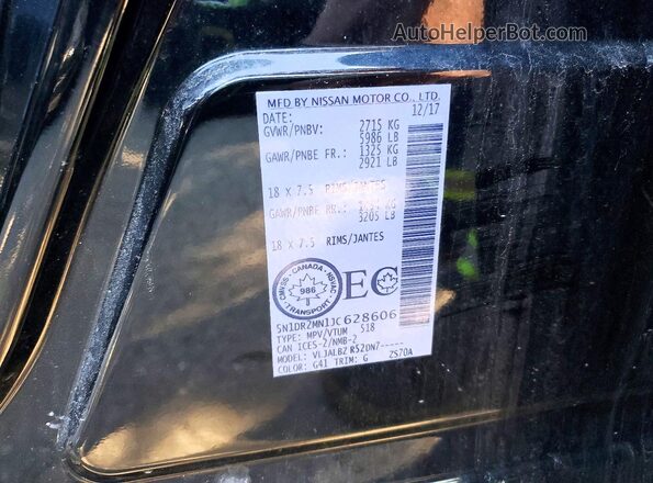 5N1DR2MN1JC628606 2018 NISSAN PATHFINDER Black Вид наклейки з VIN-кодом