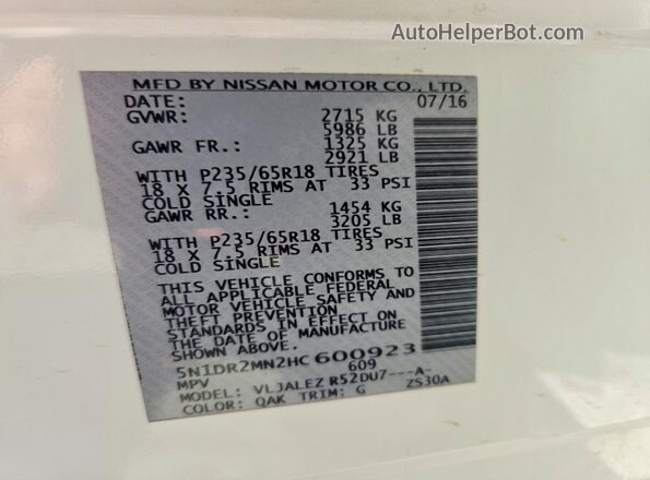 5N1DR2MN2HC600923 2017 NISSAN PATHFINDER White Вид наклейки з VIN-кодом