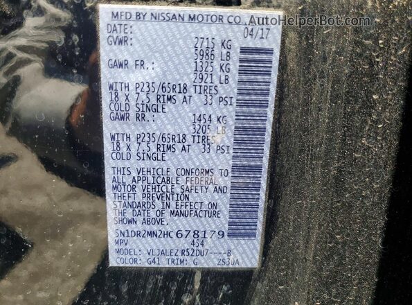 5N1DR2MN2HC678179 2017 NISSAN PATHFINDER Black VIN կոդի պիտակի տեսք