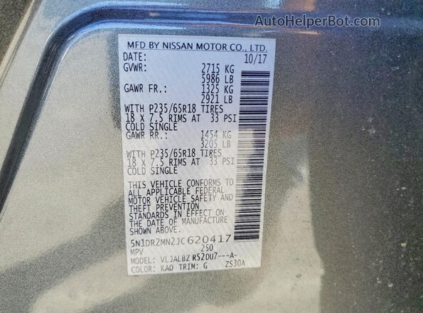 5N1DR2MN2JC620417 2018 NISSAN PATHFINDER Gray Widok naklejki z numerem VIN