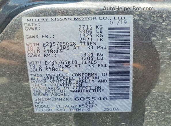 5N1DR2MN2KC605546 2019 NISSAN PATHFINDER Gray Widok naklejki z numerem VIN