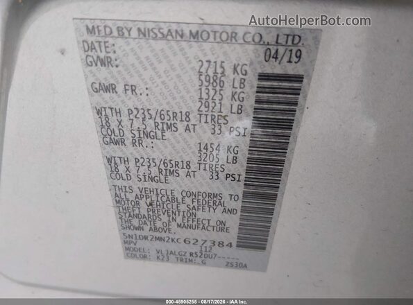 5N1DR2MN2KC627384 2019 NISSAN PATHFINDER Silver Widok komory silnika