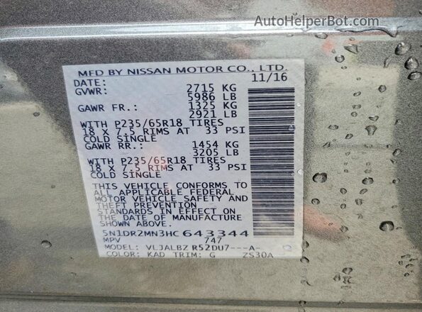5N1DR2MN3HC643344 2017 NISSAN PATHFINDER Gray VIN sticker view