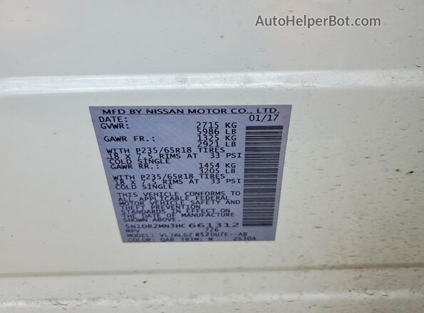 5N1DR2MN3HC661312 2017 NISSAN PATHFINDER White VIN sticker view