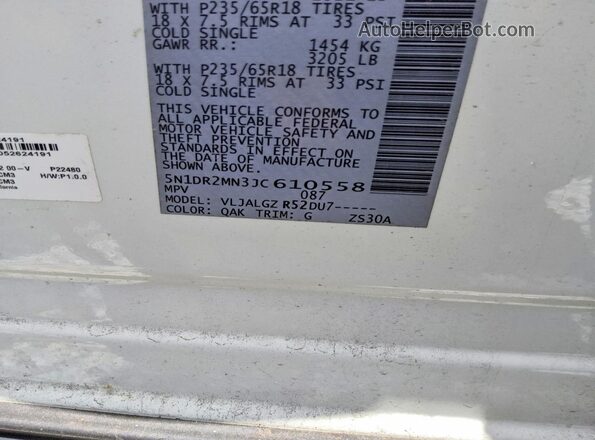5N1DR2MN3JC610558 2018 NISSAN PATHFINDER Белый Вид наклейки с VIN-кодом