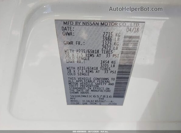 5N1DR2MN3JC657816 2018 NISSAN PATHFINDER White ძრავის განყოფილების ხედი