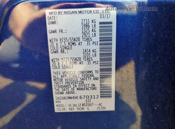 5N1DR2MN4HC670312 2017 NISSAN PATHFINDER Blue Vista de la etiqueta del VIN