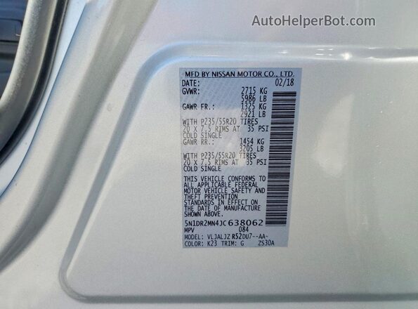 5N1DR2MN4JC638062 2018 NISSAN PATHFINDER Silver VIN კოდის სტიკერის ხედი