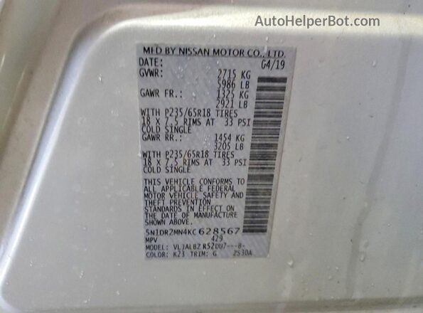 5N1DR2MN4KC628567 2019 NISSAN PATHFINDER Серебряный Вид наклейки с VIN-кодом