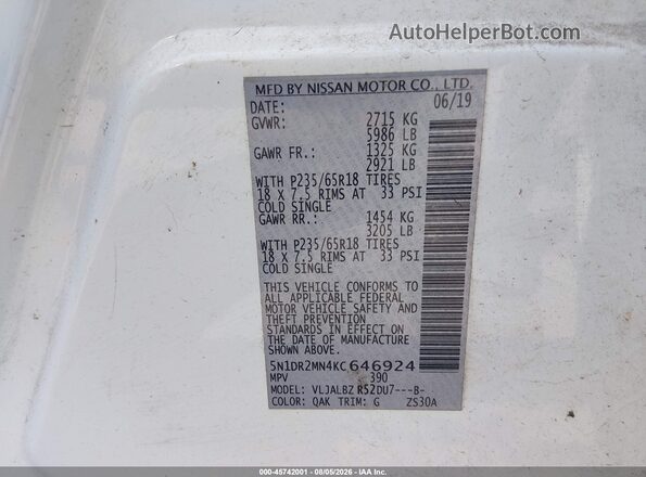5N1DR2MN4KC646924 2019 NISSAN PATHFINDER Белый Вид подкапотного пространства